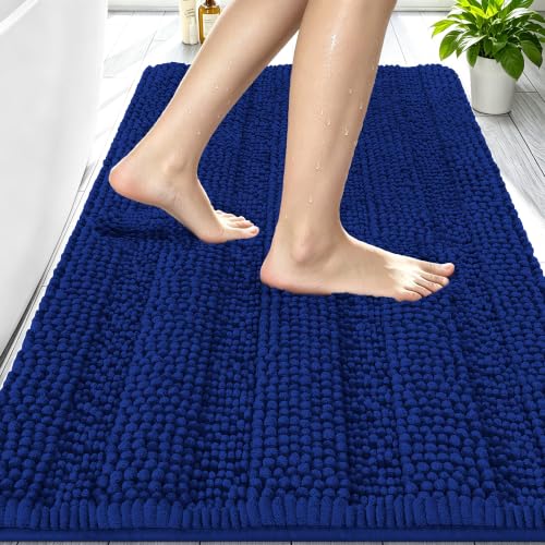 Image of Smiry Thick Small Chenille Bathroom Rugs 24x16, Absorbent Bath Mat, Navy | Quick‑Dry & Machine Washable, Non‑Slip Bath Carpet, Soft Striped Bath Rugs for Tub & Shower, Modern Home Decor Accessories
