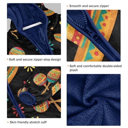 Mexican Hats Maracas on Black Toddler Fleece Jacket Girl Boys Hooded Fleece Jacket Coat Warm Outwear Zip-up 3-10T3