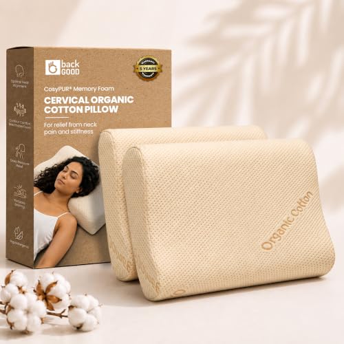 Image of Organic Cervical Pillow for neck pain | 5 Year Warranty | Hypoallergenic Memory Foam Pillow | For Side & Back Sleepers Seeking Neck and Shoulder Pain Relief | For Bed and Travel Use Pack of 2