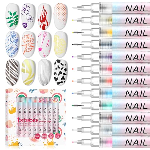 Image of 12 Colors Nail Art Pens Set: 0.5MM Acrylic Paint Nail Art Markers Polish Pen for DIY 3D Nail Art Design, Drawing Painting Liner Brush Dotting Tools Christmas Gift for Home Salon Manicure (Set 1)