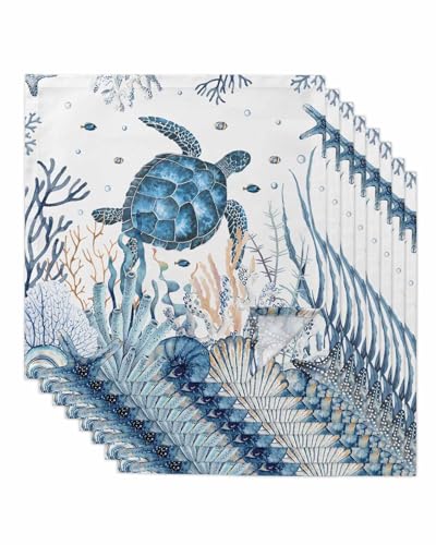 Watercolor Sea Turtle Cloth Napkins Set of 8,Washable Dinner Napkins Reusable Table Napkins for Home Party Weeding Dining Table Setting Decoration, Oversized 20