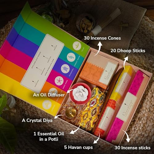 Image of Nirmalaya Premium 100% Organic Gift Box | Incense Cones, Dhoop Sticks, Havan Cups, Crystal Brass Diya, Essential Oil Diffuser, Incense Sticks with Wooden Stand & Potli | Spiritual Pooja Gift Set
