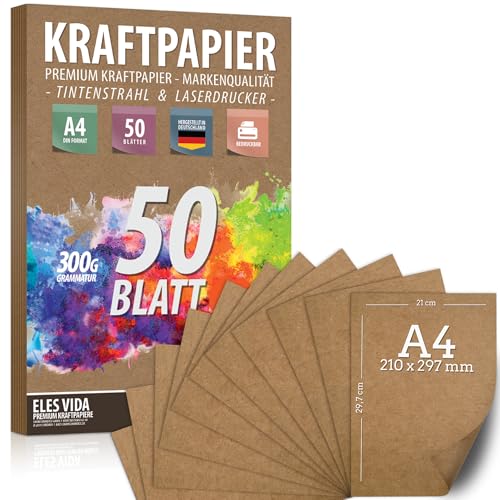 Feuilles de papier Kraft de qualité supérieure - DIN A4-300g - 21x29,7cm - Papier d'artisanat et carton naturel Feuilles de papier pour l'impression,...