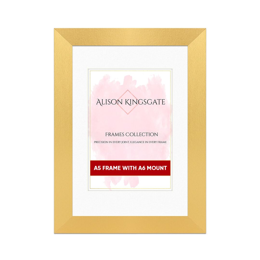 Alison Kingsgate A5 Gold Picture Frame with Mount for A6 Photo - Engineered Wood Photo Frame with Precision Cut Cardboard Mount - Ideal for Photos, Posters & Artwork - Wall or Tabletop Display — image 1