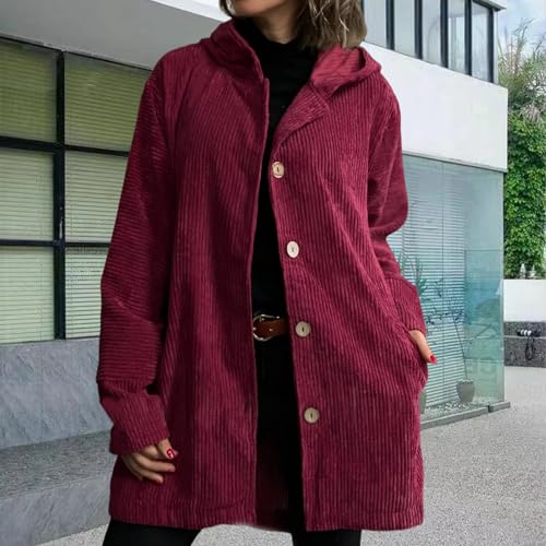 Women's Fall Corduroy Jacket with Hood Casual Button Down Hooded Shirt Long Sleeve Oversized Up V Neck Blouses Tops3