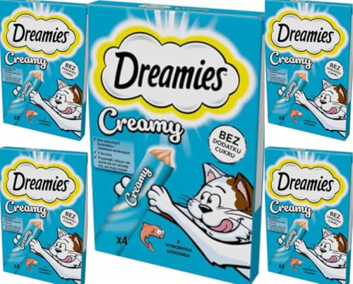Dreamies Przysmaki dla kota Creamy przekąski z łososiem – pyszny kremowy smak – 20 porcjowanych woreczków (5 x 4 x 10 g)