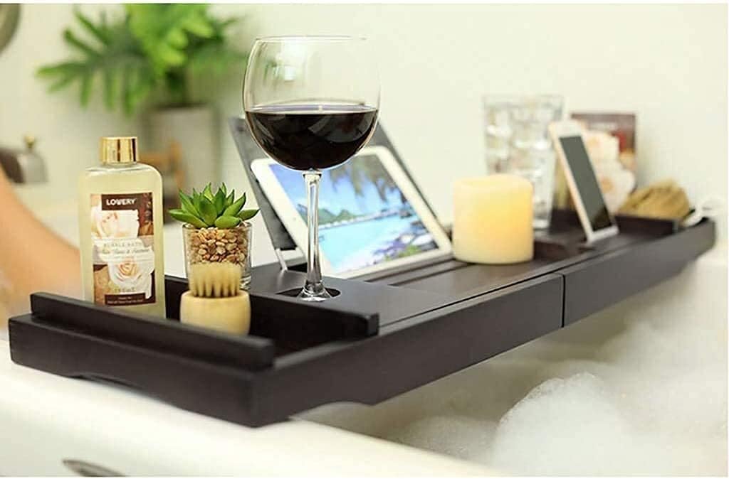 Bathtub cover Luxury wood Bathtub Caddy Bath Tub Tray with Extending Sides Built in Book Tablet Holder Cellphone Tray& Integrated Wineglass Holder and Other Accessories Placement Foldable bathtub cove : Home & Kitchen