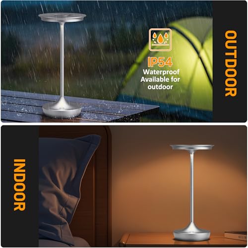 Image of LED Rechargeable Cordless Outdoor 6000mAh Battery Table Lamp 2-Pack Silver | Portable Waterproof 3 Color Stepless Dimmable Lights Memory Function for Patio Restaurant Bar Dining Room
