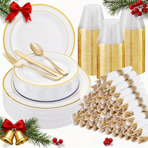 WELLIFE 700 Pcs Gold Plastic Plates for 100 Guests -