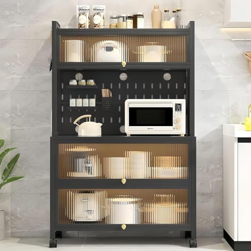 Reviews de Alacenas para Cocinas Pequeñas - los preferidos. 45 Alacenas para Cocina 5 Niveles con Ruedas Y Cajas De Almacenaje Y Ganchos Estante De Cocina Armario De Gabinete Microondas Estante Pie con Puerta Buffet De Armario De Café (Gris...
