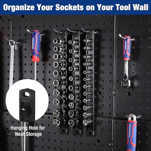 Image of WORKPRO Magnetic Socket Organizer, 3 /8-Inch Drive Aluminum Alloy Socket Rail, Heavy Duty Socket Holder, Socket Rack Kit 3 /8-Inch x 10 Clips Black (Socket not Included)