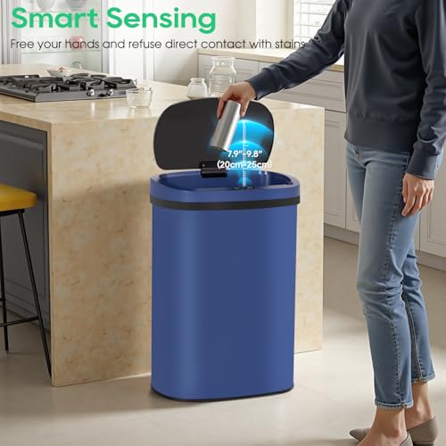 Image of BestOffice 13‑Gallon Automatic Sensor Trash Can, Deep Blue - 50 L Touchless Motion‑Activated Kitchen Garbage Bin, Fingerprint‑Resistant Stainless Steel