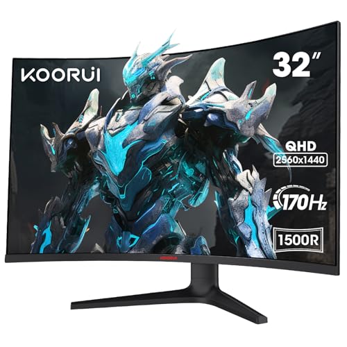 KOORUI 32 Inch Curved Gaming Monitor, QHD 1440P, 170Hz, VA 1500R Ultrawide Screen with Ultra-Thin, HDMI/DP, VESA Compatible, Tilt Adjustable, Eye Care