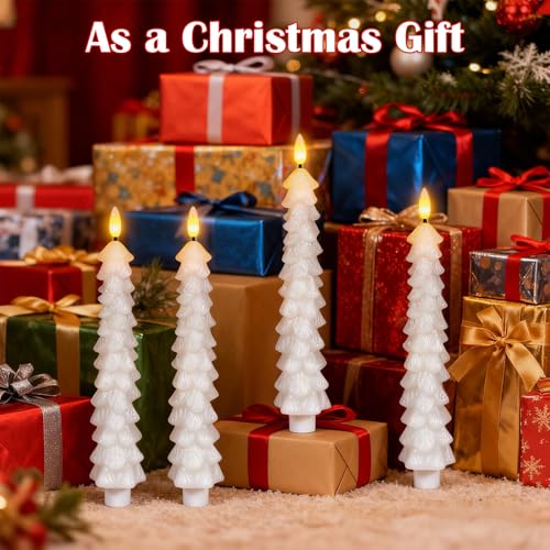Image of Christmas Tree Candles with Remote Timer, 4 Pcs Waxy Flameless Taper Candles Flickering, Battery Operated LED Candlesticks with 3D Flame Wick, White Window Candle for Christmas Decorations