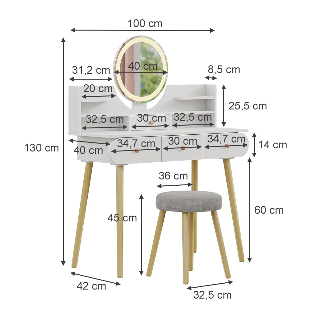 Vicco Toaletka "Edda", Biały, 100 cm | z lustrem LED i stołkiem, avec miroir LED rond et tabouret assorti
