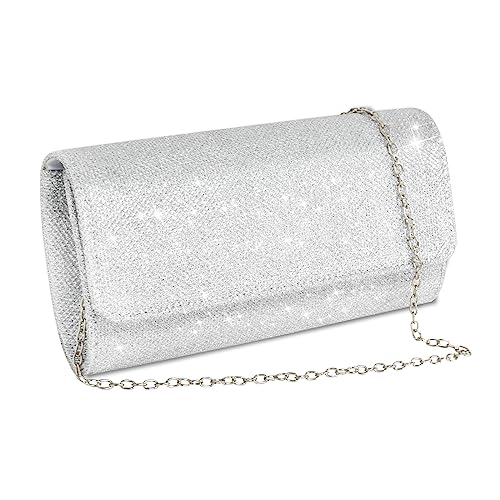 Bolso de Mano para Mujer, Bolso Plateado Boda Embrague, Bolso de Sobre Elegante con Cadena Desmontable, Bandolera de Fiesta para Mujeres y Niñas, Boda, Ocio, Fiesta, Graduación