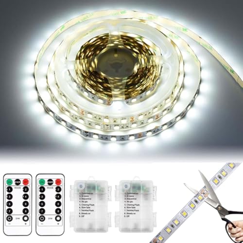 2 strisce LED da 1 m, funzionamento a batteria, con 8 modalità timer, telecomando, tagliabile, impermeabile, per armadi, scale, cucina, letti (bianco)