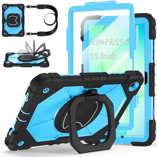Case for Samsung Galaxy Tab A11+ Plus/A9+ 11 Inch 2025/2023,Ubearkk Case for Samsung Galaxy A9 Plus/A11+ Tablet case with Screen Protector 360 Rotating Stand Shoulder Strap Pen Holder, Black Blue
