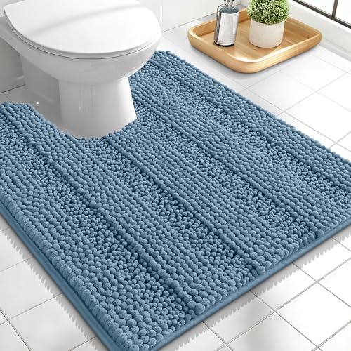 Image of OLANLY Thick Toilet Rugs U-Shaped 24x20, Extra Soft Absorbent Chenille Striped Contour Bathroom Rugs for Toilet, Dry Quickly, Machine Washable, Non-Slip Bath Mat, Airy Blue