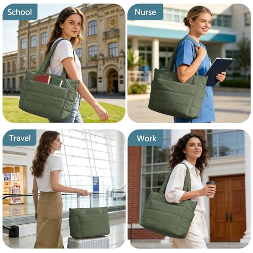 Image of Puffer Tote Bag for Women Quilted Nurse Bag Lightweight Work Bag for Teacher Travel Handbag with Multiple Pockets