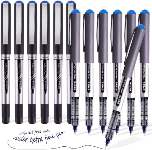 EYEYE Blue Fine Tip Pen, Bullet Tip Liquid Ink Rollerball Pens, 0.7mm Pens Fine point， Free Ink Roller Fine Tip Pens, Blue Ink Liquid Rollering Pens, 12 Pack Office Pens
