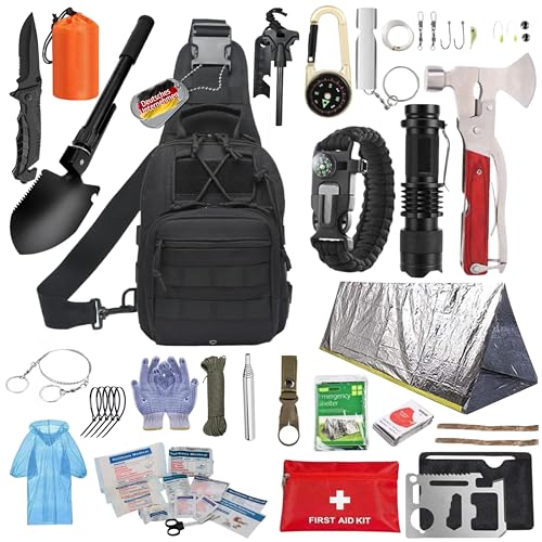 Notfallrucksack für Krisenvorsorge - Komplettes Survival Set mit Werkzeug, Feuerstarter, Erste-Hilfe-Set, Not Zelt UVM. - Ideal für Blackout, Flucht, Camping und Outdoor-Abenteuer Geschenk für Männer