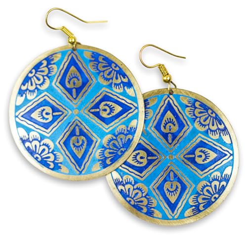 Handcrafted Brass Earrings - Lightweight & Durable Boho Dangle Earrings - Blue & Gold Floral Statement Jewelry - Disc Brass Jewelry Gift for Wife, Daughter, Sister, or Friend