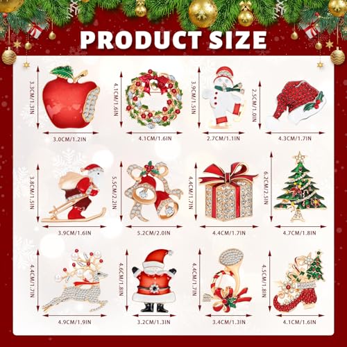 Image of 12PCS Christmas Brooches, Rhinestone Crystal Pins for Women | Christmas Trees Snowman Socks Design, Sparkling Christmas Jewelry Gift for Girls, Holiday Party Ladies Accessories
