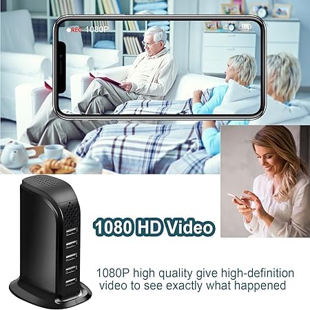 Image of 1080P Hidden Camera with USB Charger, 5 Port Charging Hub, Motion Detection, Live Remote Streaming, Home /Office Hidden Camera Black