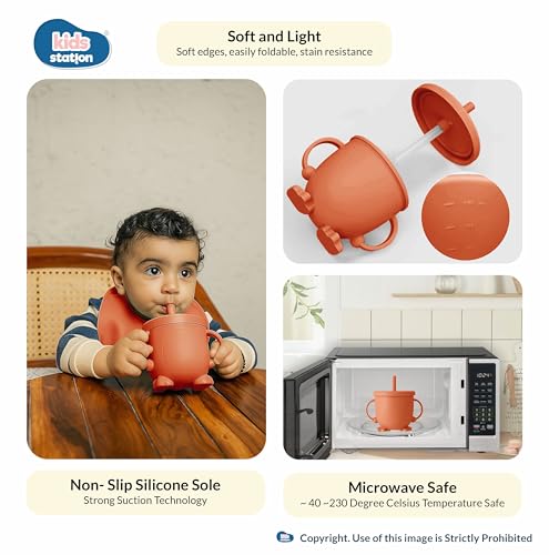 Image of Kids Station 8-Piece Silicone Baby Feeding Set | Suction Bowl, Plate, Bib, Cup, Spoon & Fork | 100% Food Grade BPA-Free Silicone | Non-Slip, Easy to Clean (Pack of 8, Orange)