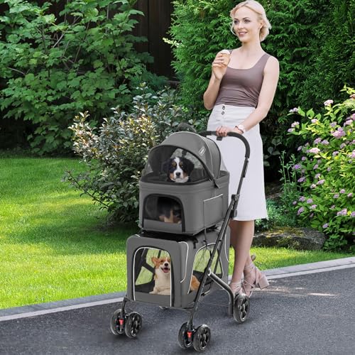 COSTWAY 3 in 1 Hundewagen, Hundebuggy 2 Etagen mit Netzfenstern & Taschen & Polstern, Oxford & Metall, Haustiere Buggy bis 16 kg, Hundebox Transporttasche klappbar, für Hunde Katzen Haustiere, Grau
