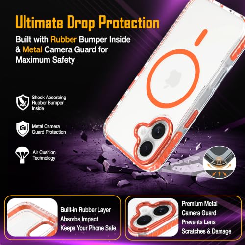 Image of Zapcase Crystal Clear Back case for iPhone 16 | Hard PC Back | TPU Bumper with Inner Rubber Grip | Metal Camera Guard Bezel | Metal Buttons | Scratch Resistant Cover | 2 Layer Edge Protection | Orange
