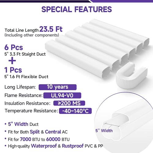 Image of Mini-Split AC Line Set Cover: 5 inch 23.5 Ft Line Hide for Mini Split Central AC HVAC Heating System - Waterproof PVC Outdoor Pipe Cover Split Unit Line Guard Decorative Refrigerant Line Cover