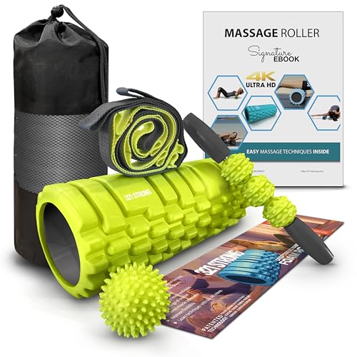 321 STRONG 5 in 1 Foam Roller Set with Hollow Core Deep Tissue Massager Muscle Roller Stick Stretching Strap Spikey Plantar Fasciitis Ball and Carry Bag with 4K eBook