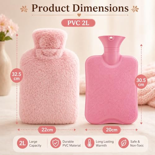 Image of Hot Water Bag with Plush Fur Cover 2 Litre | Medical Grade & Leak-Proof Heating Pad for Pain Relief & Cramps | Hot & Cold Compress for Neck, Back, Shoulder, Swelling, Injury & Menstrual Care (Pastel Pink)