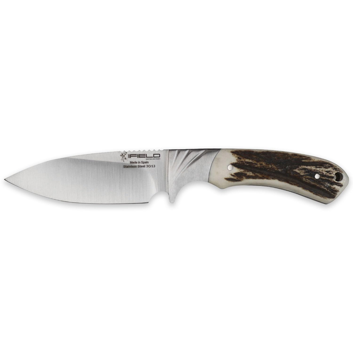 iFIELD EL29019 Coltello multifunzionale per escursioni, caccia e sopravvivenza all'aperto, manico in corno di cervo, lama in acciaio inossidabile, fodero in pelle di alta qualità in colore marrone