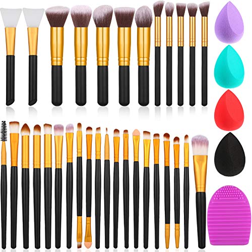 30 Pieces Makeup Brush Set Mini Makeup Brushes, 2 Pieces Silicone Face Mask Brush, 4 Pieces Makeup Sponge, Brush Cleaner, Cosmetics Synthetic Foundation Powder Blush Eye Shadows Brushes (Black)