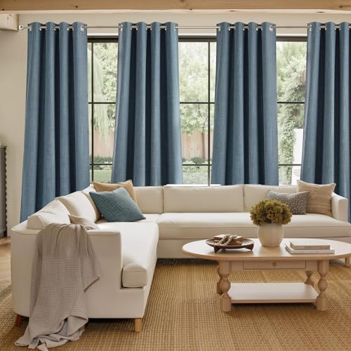 Image of NICETOWN Short Faux Linen Mist Blue Blackout Curtains 63 inches Long for Kitchen - Privacy Panels for Living Room Bedroom, Modern Farmhouse Style Easy Care Grommet Top, 2 Panels, W42 by L63