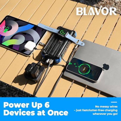 Image of BLAVOR Solar Power Bank 20000mAh Built-in Cables, Wireless Charger for Phones & Apple Watch, 20W Fast Charging Battery Pack with USB C, Flashlight, Solar Charger for iPhone, iPad, iWatch, Samsung