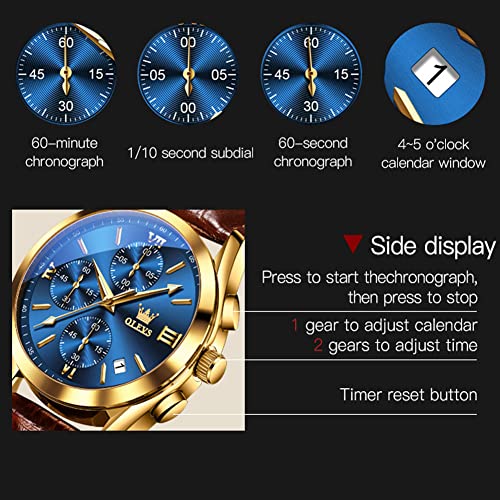 Image of OLEVS Men's Watches Brown Leather with Date,Casual Watches for Men,Large Face Watches Men,Chronograph Mens Watch,Sport Waterproof Business Dress Analog Quartz Men's Wrist Watches Reloj De Hombre