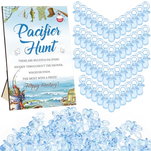 Image of Thyle 51 Pcs Fishing Pacifier Hunt Baby Shower Games a Little Fisherman Is on The Way Theme Baby Shower Game Decoration Include Hunt Sign and Acrylic Pacifiers Fish Themed Gift Sets for Gender Reveal