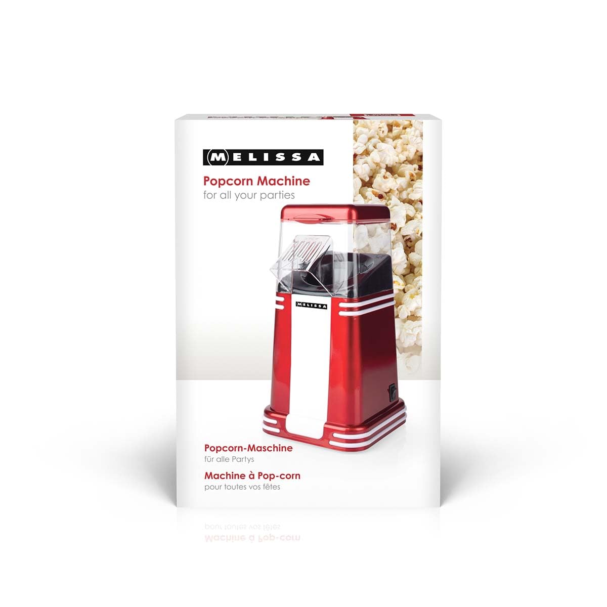 Melissa Máquina de palomitas de maíz retro 16310187, 1200 W, 40-60 g por porción, lista en 2-4 minutos, sin aceite ni mantequilla, fácil de limpiar, diseño compacto, rojo/blanco
