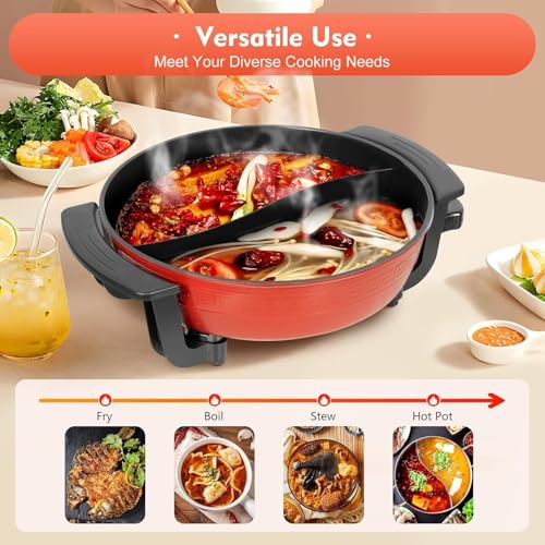 Image of Electric Hot Pot with Removable Divider - Enjoy Two Flavors Simultaneously, Non-Stick Surface with Adjustable Temperature & Glass Lid, Non-Stick Multi-Cooker for Hot Pot, Stews & Soups