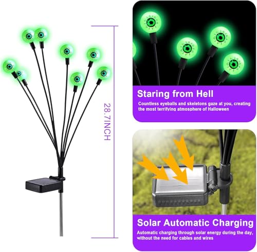 Image of ASMAD Halloween Decorations Outdoor Solar Scary Eyeball Lights, 8Pack 64LEDs Green Eyeball Swaying Firefly Light, Waterproof Halloween Path Lights for Garden /Yard /Patio /Party Decor