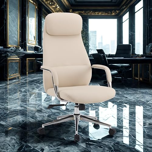 MRC BALENO Ergonomic High Back Premium Leatherette Office Chair with Fixed Armrests, Heavy Duty Chrome Base,| Home Office Desk Chair, 3 Years Warranty,Pre-Assembled (Beige)