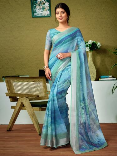Image of SIRIL Women's Linen Digital Printed Saree With Unstitched Blouse Piece