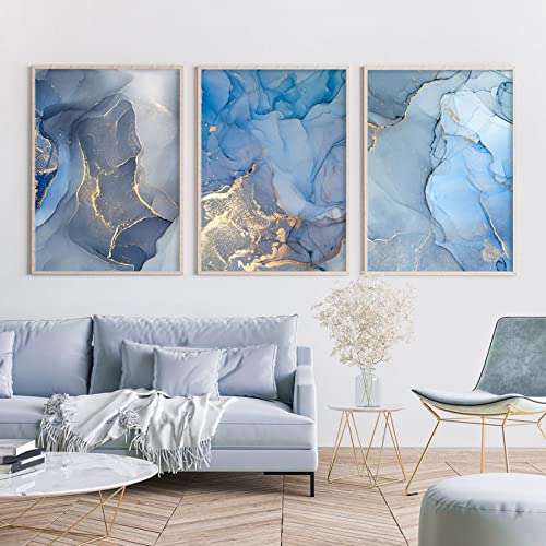 Toile peinture salon abstrait bleu or affiche deco murale moderne maison chambre 30x45cm triptyque
