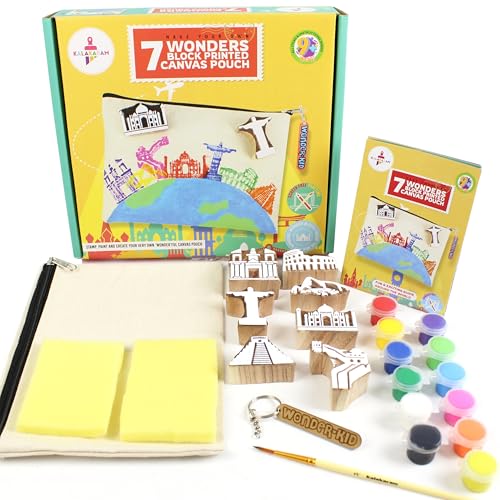 Image of Kalakaram DIY Block Print Canvas Pouch Kit for Kids - Create Your Own 7 Wonders Pouch, DIY Painting Kit, Art Integrated Learning Activity, Learn by Doing Craft Kit, Creative Activity Set for Kids Ages 9-12, Educational Art & Craft Gift for Boys & Girls, Fun Screen-Free DIY Craft Kit