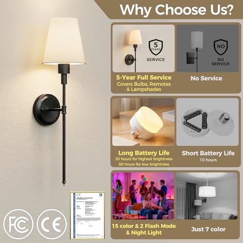 Image of DORESshop Battery Operated Wall Sconce Set of 2, Wireless Wall Light Easy to Install, 15 Color Rechargeable Wall Sconces, Sconce Wall Decor Set of 2 for Bedroom, Living Room, Black, 24.6in