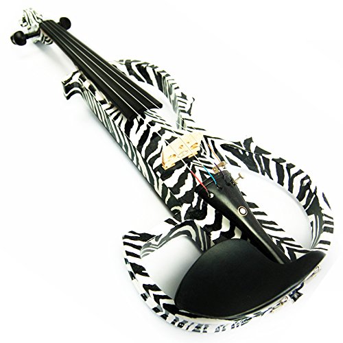 Image of Kinglos. Visual-Art Advanced Electric Violin 4 /4 Full Size Ebony Fittings | Kit Incl. Case Bow Shoulder Rest Aux Cable Spare Bridge Strings - Solid Wood Black Zebra Silent Violin Set for Adult Beginner
